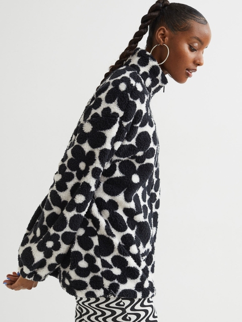 

H&M Women Black & White Printed Teddy Jacket