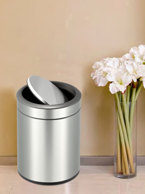 

OBSESSIONS Silver-Toned Solid Round Swing Open Top Dustbin With Dual Liner