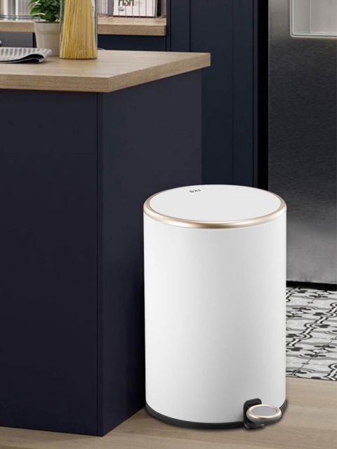 

OBSESSIONS White Solid Stainless Steel Round Shaped Step Dustbin With Liner 6 Litres
