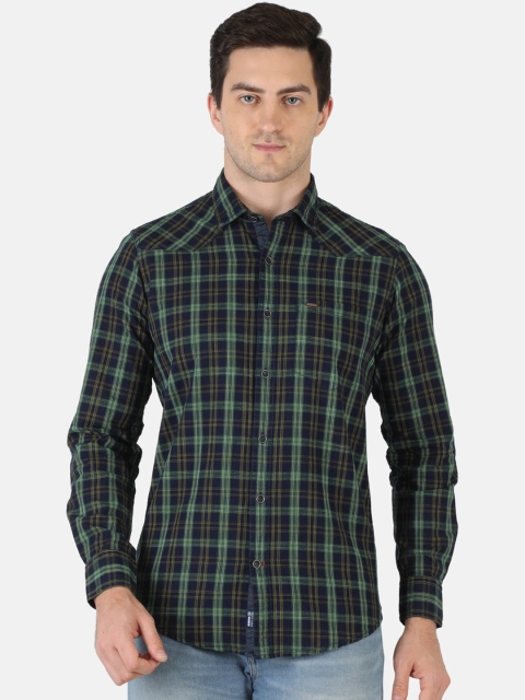 

Monte Carlo Men Green & Yellow Classic Checked Linen Casual Shirt