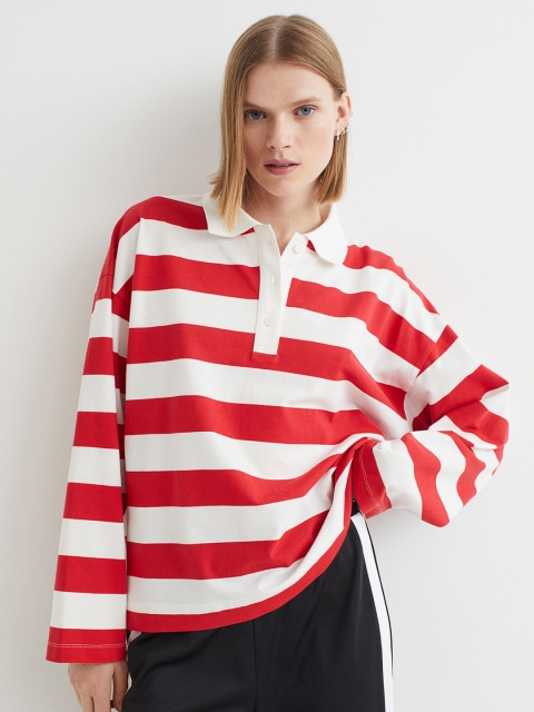 

H&M Women Red & White Long-Sleeved Polo Shirt