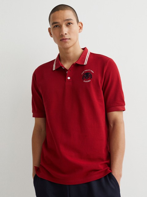 

H&M Men Red Slim Fit Embroidered Piqu Polo Shirt