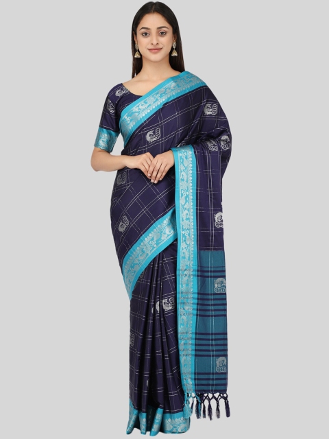 

Mitera Navy Blue & Silver-Toned Woven Design Zari Silk Cotton Mysore Silk Saree