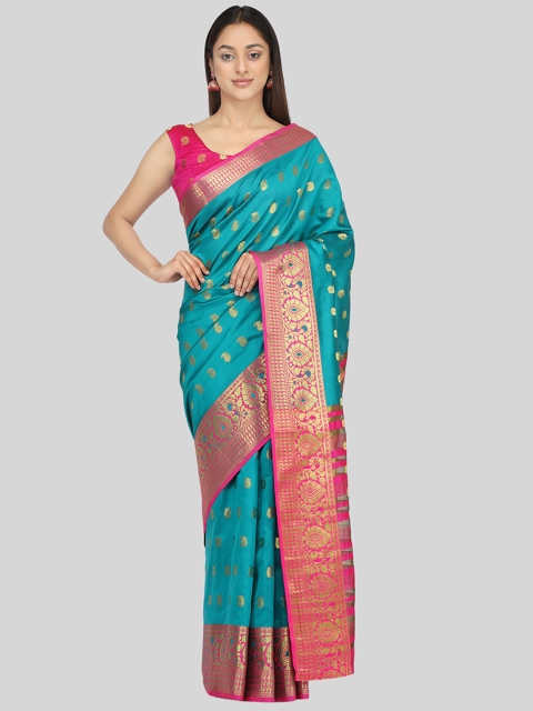 

Mitera Turquoise Blue & Pink Ethnic Motifs Zari Silk Cotton Mysore Silk Saree