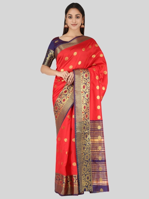 

Mitera Red & Purple Ethnic Motifs Zari Silk Cotton Mysore Silk Saree