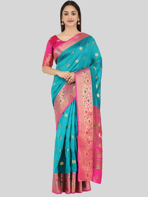 

Mitera Turquoise Blue & Pink Ethnic Motifs Zari Silk Cotton Mysore Silk Saree