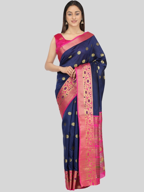 

Mitera Navy Blue & Gold-Toned Floral Zari Silk Cotton Mysore Silk Saree