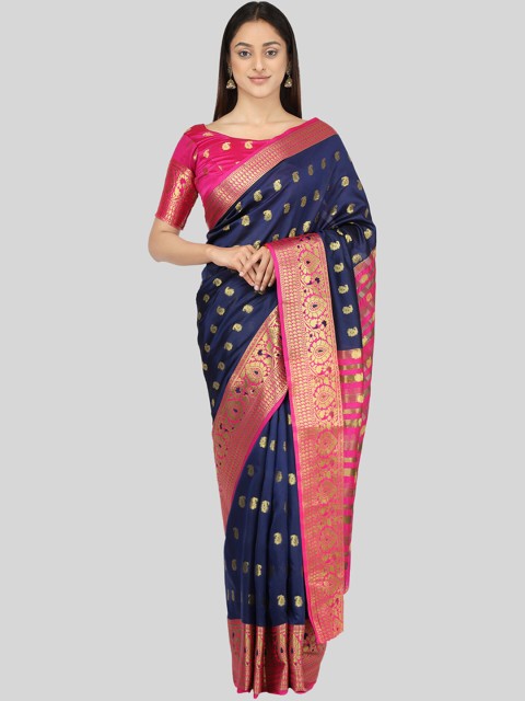 

Mitera Navy Blue & Pink Woven Design Saree