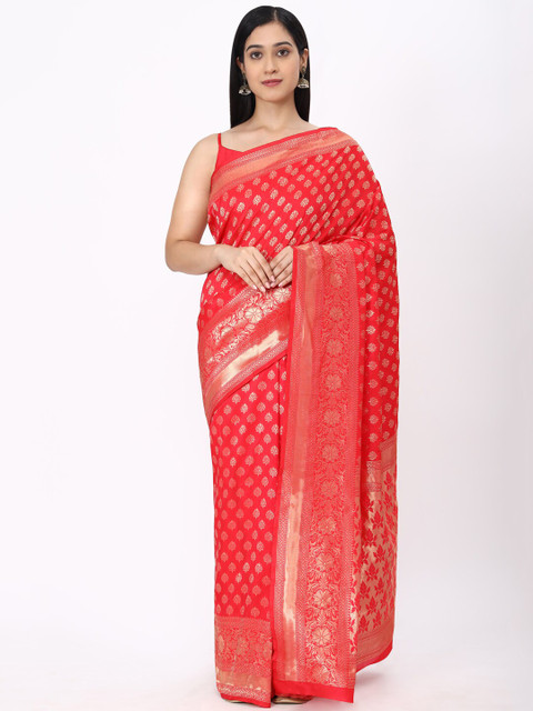 

Mitera Red & Gold-Toned Woven Design Zari Silk Cotton Mysore Silk Saree