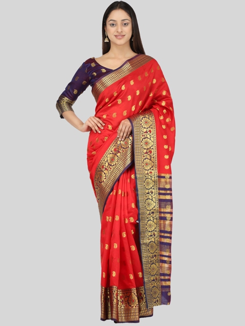 

Mitera Red & Blue Woven Design Zari Silk Cotton Mysore Silk Saree