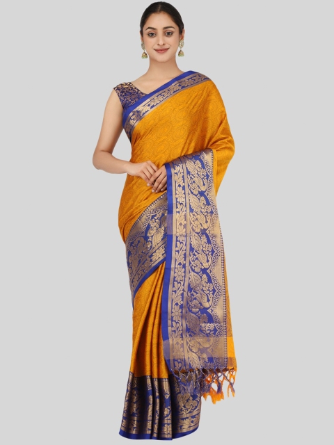 

Mitera Mustard Yellow & Blue Ethnic Motifs Zari Silk Cotton Mysore Silk Saree