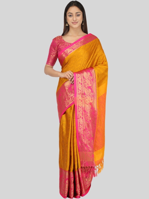 

Mitera Gold-Toned & Pink Woven Design Zari Silk Cotton Mysore Silk Saree