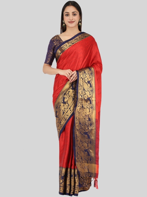 

Mitera Red & Blue Ethnic Motifs Zari Silk Cotton Mysore Silk Saree