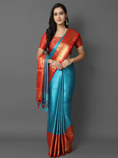 

Mitera Turquoise Blue & Red Woven Design Zari Silk Cotton Mysore Silk Saree