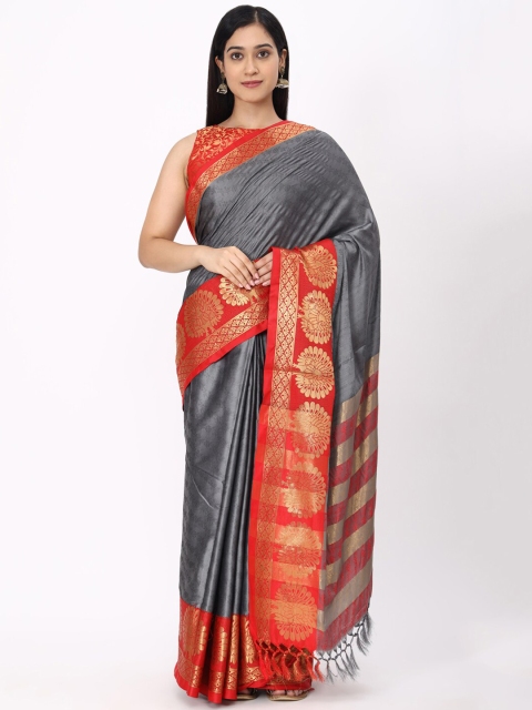 

Mitera Grey & Red Ethnic Motifs Zari Silk Cotton Mysore Silk Saree