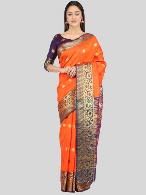 

Mitera Orange & Blue Woven Design Zari Silk Cotton Mysore Silk Saree