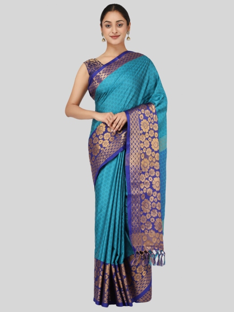 

Mitera Turquoise Blue & Gold-Toned Woven Design Zari Silk Cotton Mysore Silk Saree