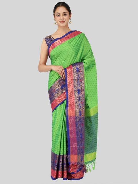 

Mitera Green & Blue Ethnic Motifs Zari Silk Cotton Mysore Silk Saree