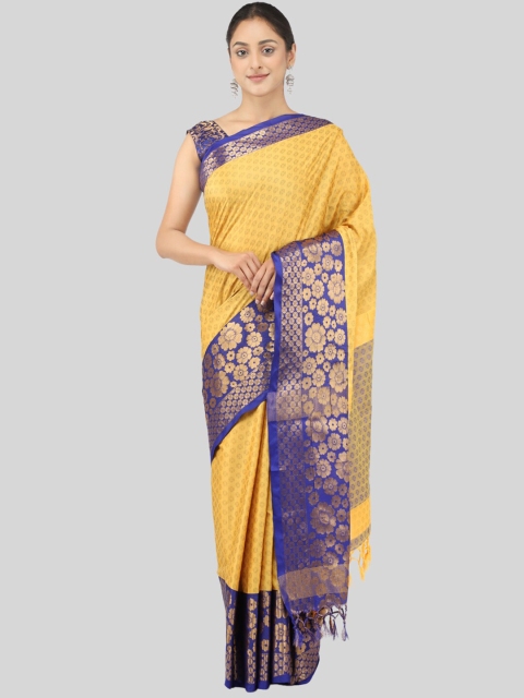 

Mitera Yellow & Blue Ethnic Motifs Zari Silk Cotton Mysore Silk Saree