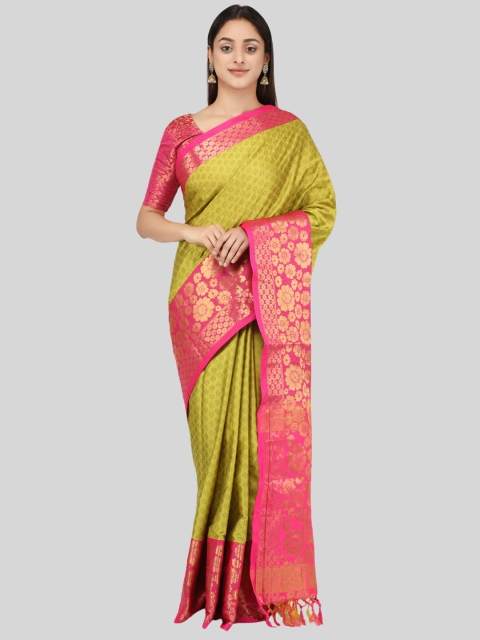 

Mitera Fluorescent Green & Gold-Toned Floral Zari Silk Cotton Mysore Silk Saree