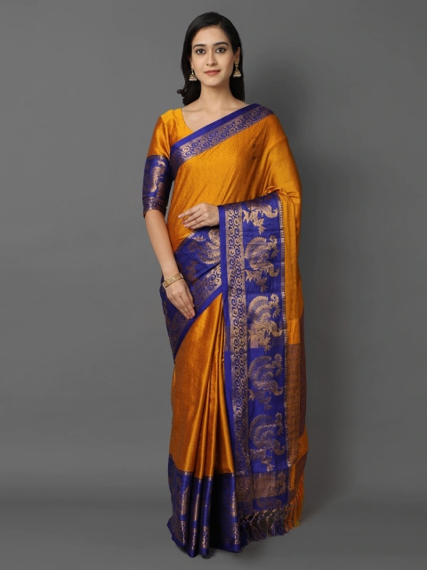 

Mitera Gold-Toned & Blue Ethnic Motifs Zari Silk Cotton Mysore Silk Saree