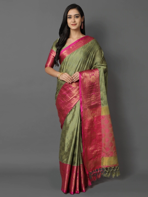 

Mitera Olive Green & Pink Floral Zari Silk Cotton Mysore Silk Saree