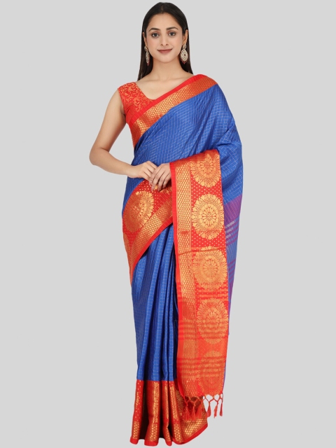 

Mitera Blue & Red Checked Zari Silk Cotton Mysore Silk Saree