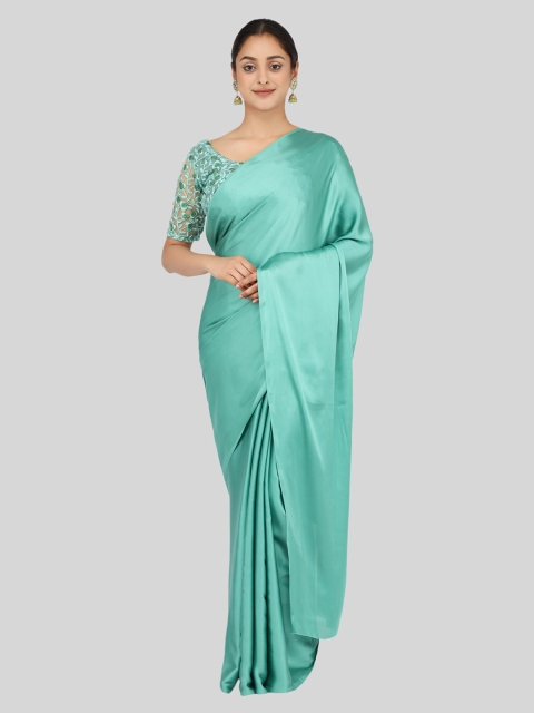 

Mitera Sea Green Satin Block Print Saree