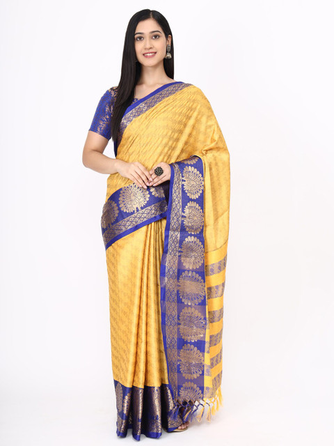 

Mitera Yellow & Blue Floral Zari Silk Cotton Mysore Silk Saree