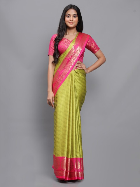 

Mitera Lime Green & Pink Woven Design Zari Silk Cotton Mysore Silk Saree