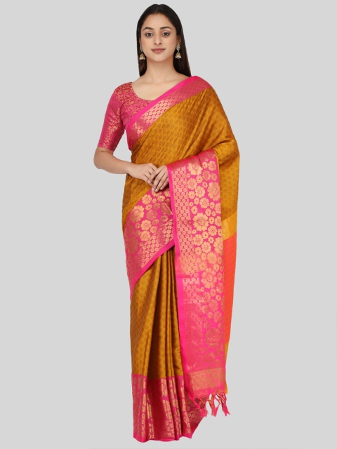 

Mitera Gold-Toned & Pink Woven Design Zari Silk Cotton Mysore Silk Saree