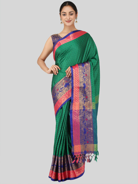 

Mitera Green & Pink Ethnic Motifs Zari Silk Cotton Mysore Silk Saree