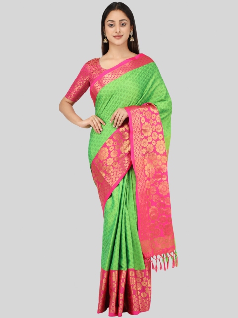 

Mitera Green & Pink Woven Design Zari Silk Cotton Mysore Silk Saree