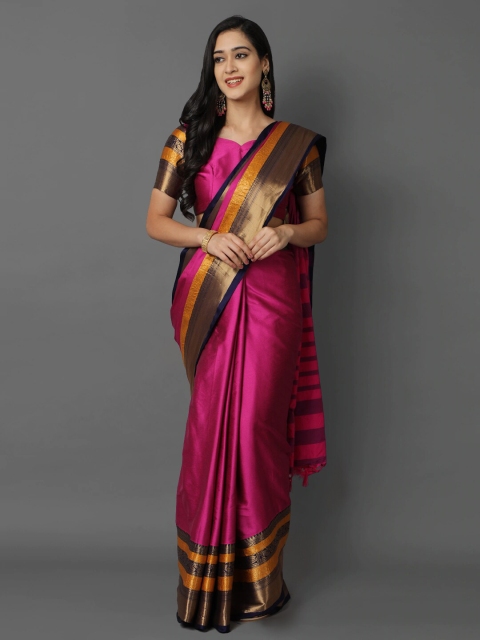 

Mitera Pink & Yellow Woven Design Zari Silk Cotton Mysore Silk Saree