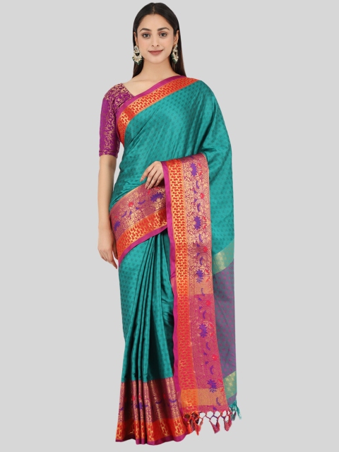 

Mitera Sea Green & Pink Woven Design Zari Silk Cotton Mysore Silk Saree