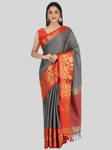 

Mitera Grey & Orange Woven Design Zari Silk Cotton Mysore Silk Saree