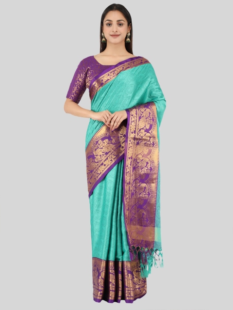 

Mitera Turquoise Blue & Purple Woven Design Zari Silk Cotton Mysore Silk Saree