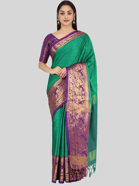 

Mitera Green & Purple Woven Design Zari Silk Cotton Mysore Silk Saree