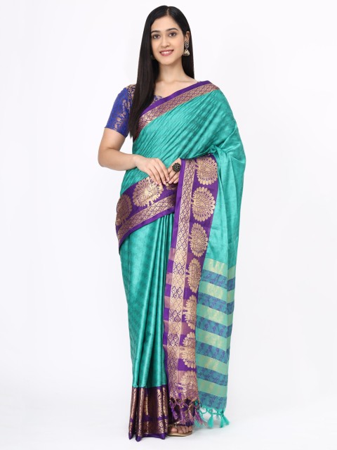 

Mitera Green & Purple Woven Design Zari Silk Cotton Mysore Silk Saree