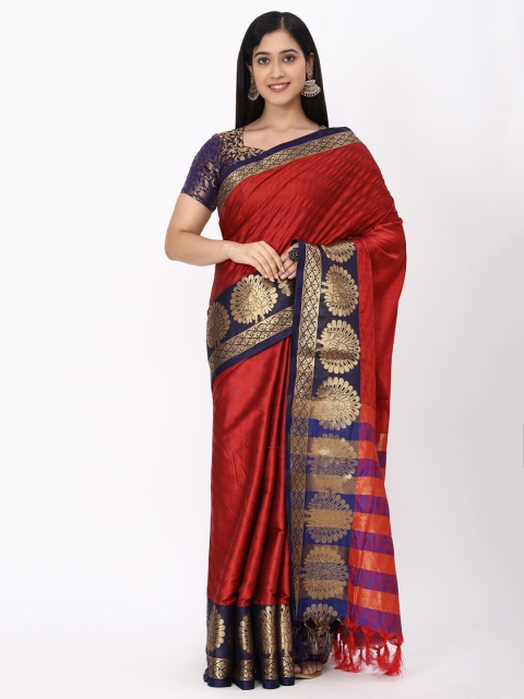 

Mitera Red & Blue Ethnic Motifs Zari Silk Cotton Mysore Silk Saree