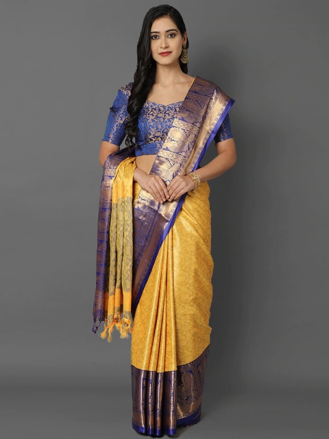 

Mitera Yellow & Gold-Toned Ethnic Motifs Zari Silk Cotton Mysore Silk Saree