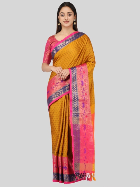 

Mitera Gold-Toned & Pink Floral Zari Silk Cotton Mysore Silk Saree