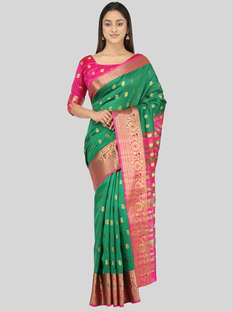 

Mitera Green & Pink Paisley Zari Silk Cotton Mysore Silk Saree