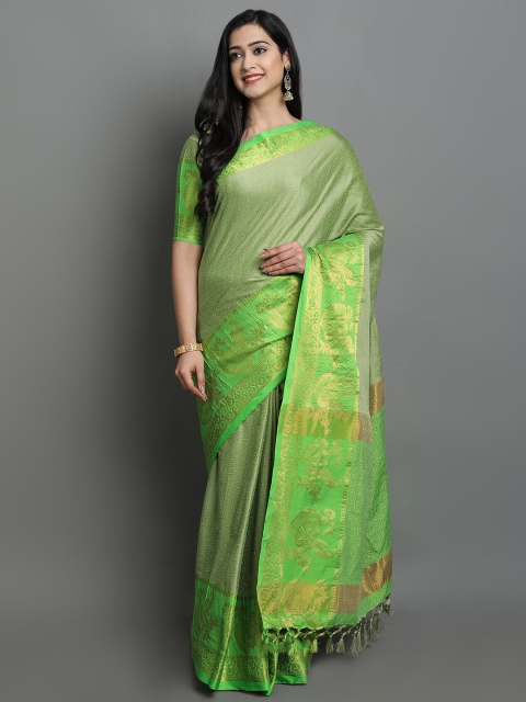 

Mitera Taupe & Green Ethnic Motifs Zari Silk Cotton Mysore Silk Saree