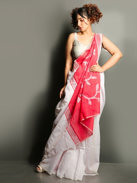 

Charukriti White & Red Woven Design Zari Saree