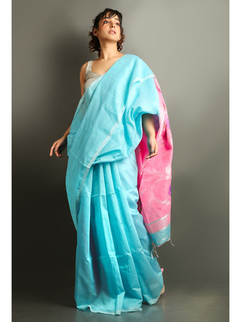 

Charukriti Turquoise Blue & Pink Woven Design Saree