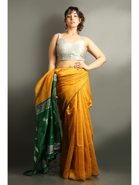 

Charukriti Yellow & Silver-Toned Woven Design Sequinned Saree