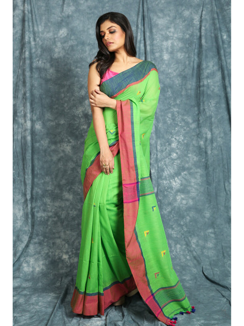 

Charukriti Green & Red Woven Design With Buti & Dual Border Handloom Saree