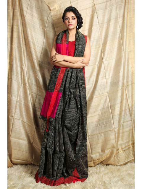 

Charukriti Black & Red All Over Ghicha Weaving Handloom Saree