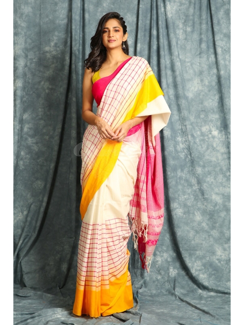 

Charukriti Off-White & Yellow Checked Saree